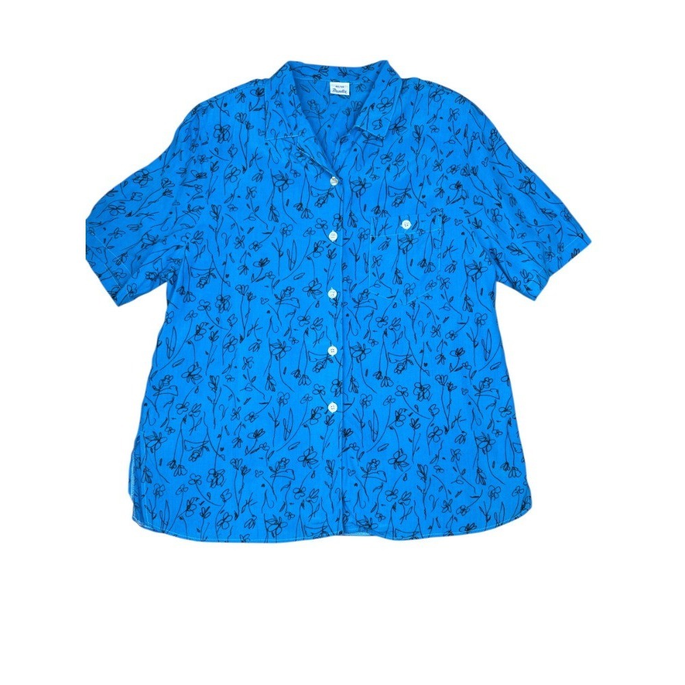 Vintage Brandtex Blouse 20 Blue Black Floral Doodle Button Up Shoulder‎ Pads S/S